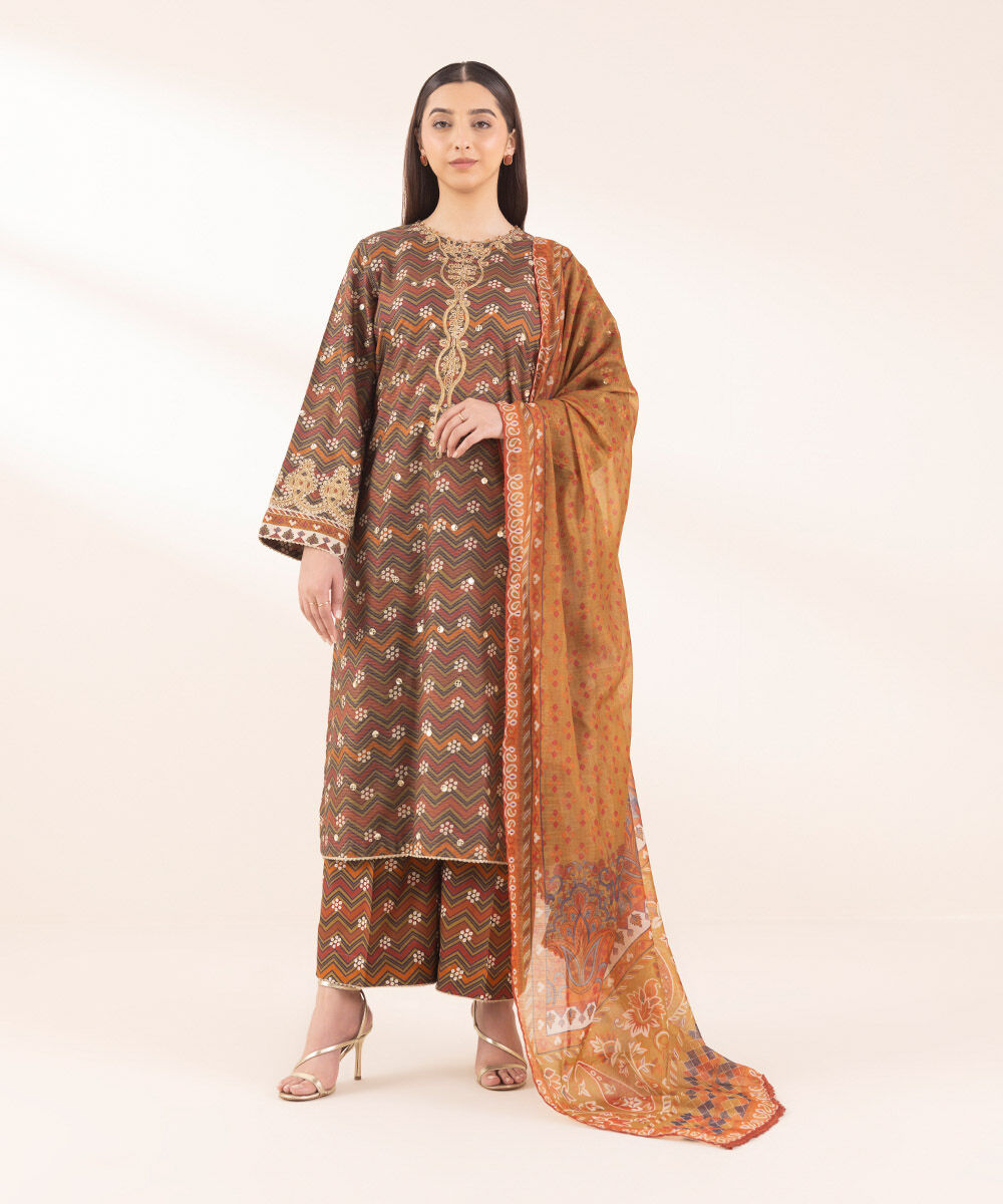 Woman - Brown Embroidered Zari Lawn Shirt