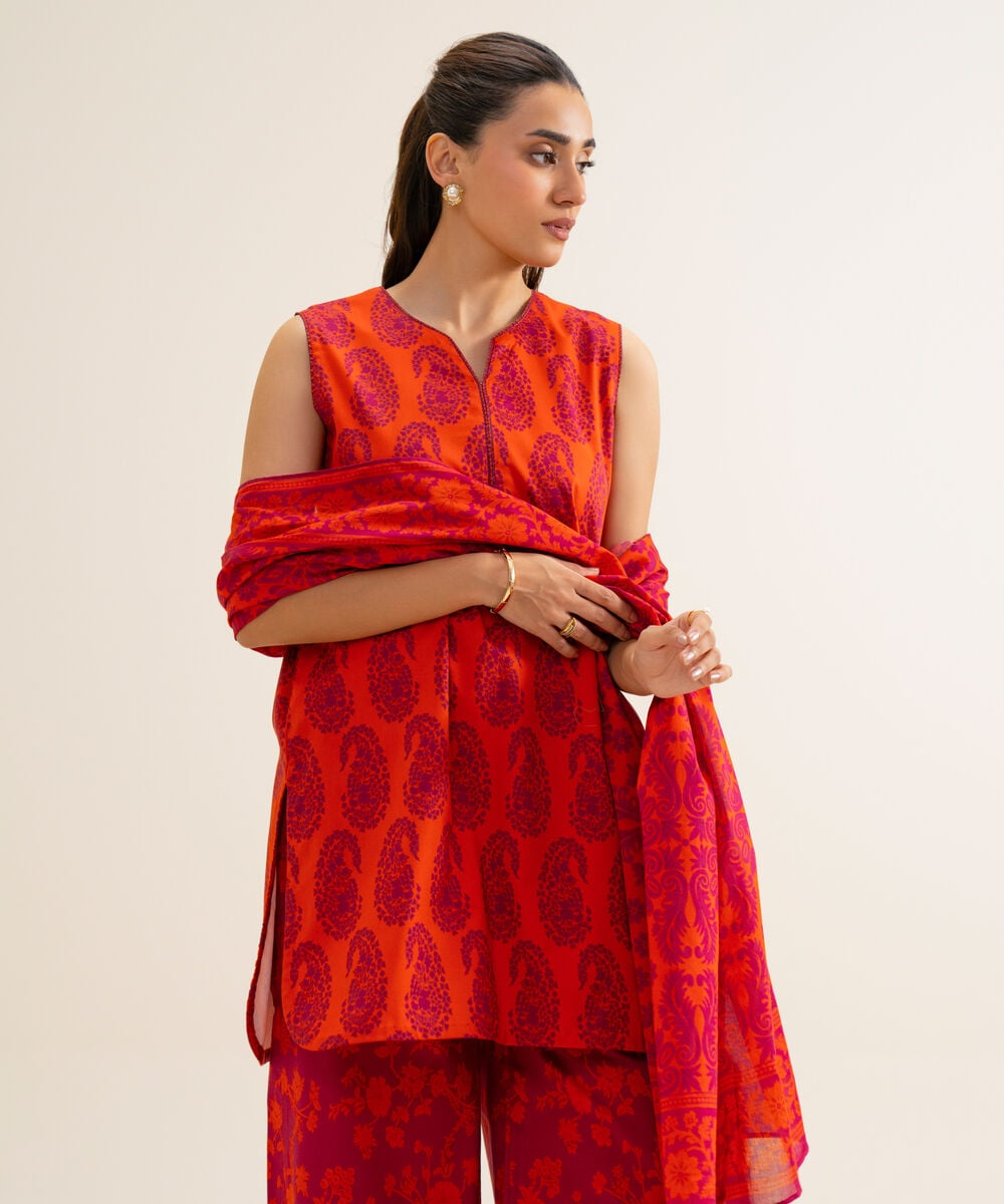 Women's Unstitched Cotton Viscose Printed Orange 3 Piece Suit
