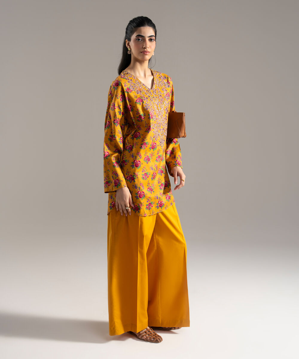 Women's RTW Cotton Viscose Printed Embroidered Mustard Yellow 2 Piece Suit