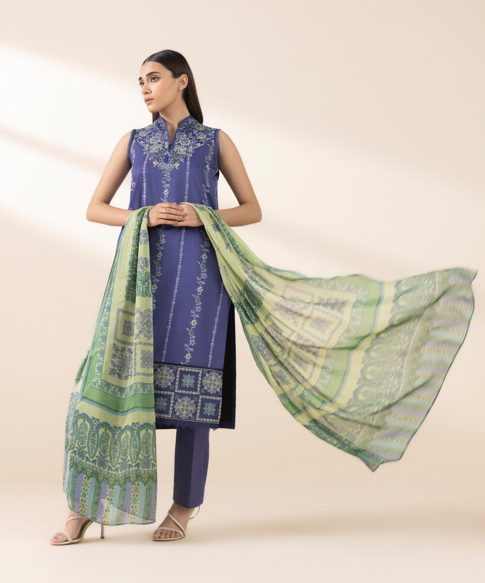 Unstitched Women's Embroidered Fine Cotton Satin Blue Three Piece Suit