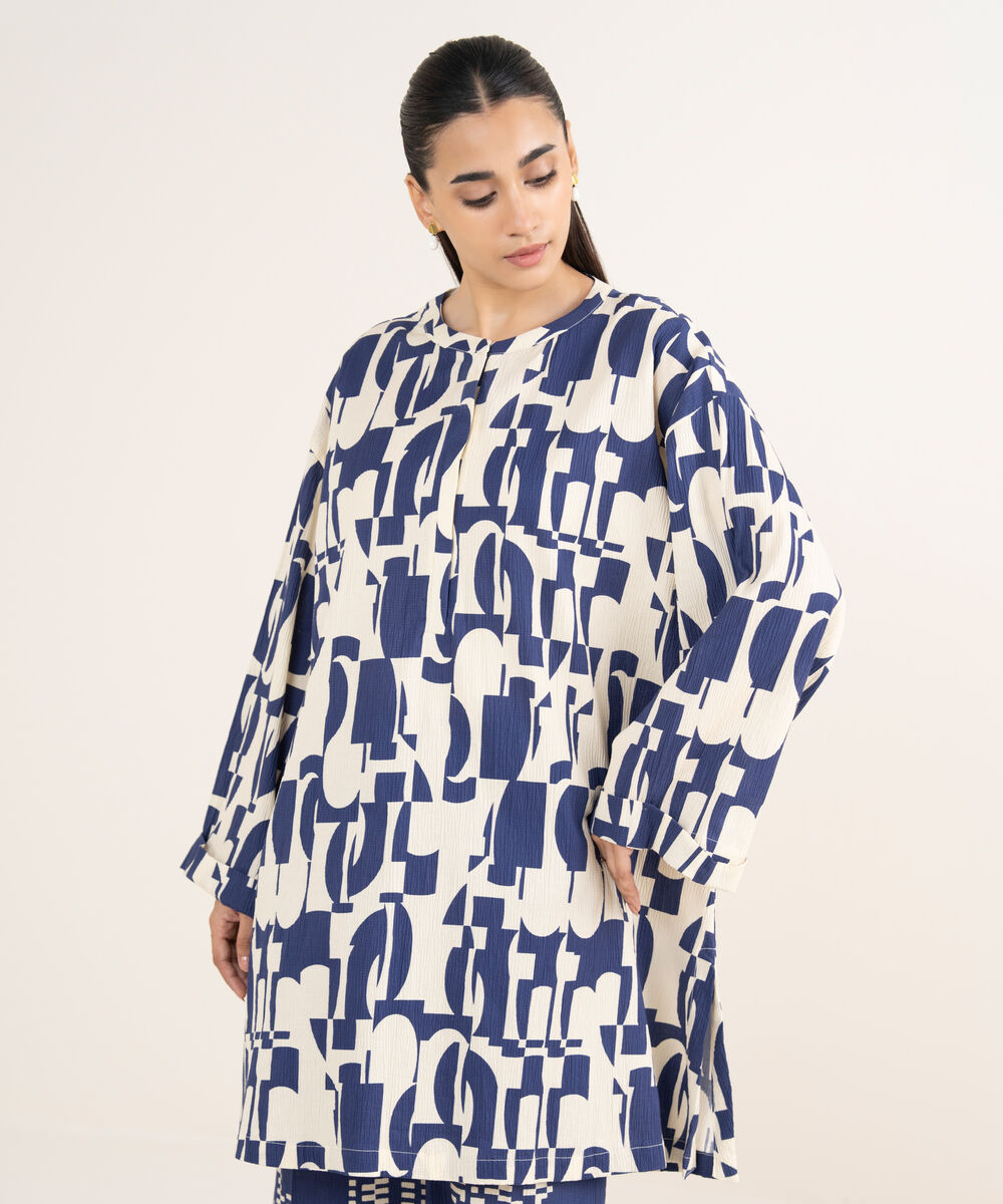 Women's RTW Seersucker Blue Printed Boxy Shirt