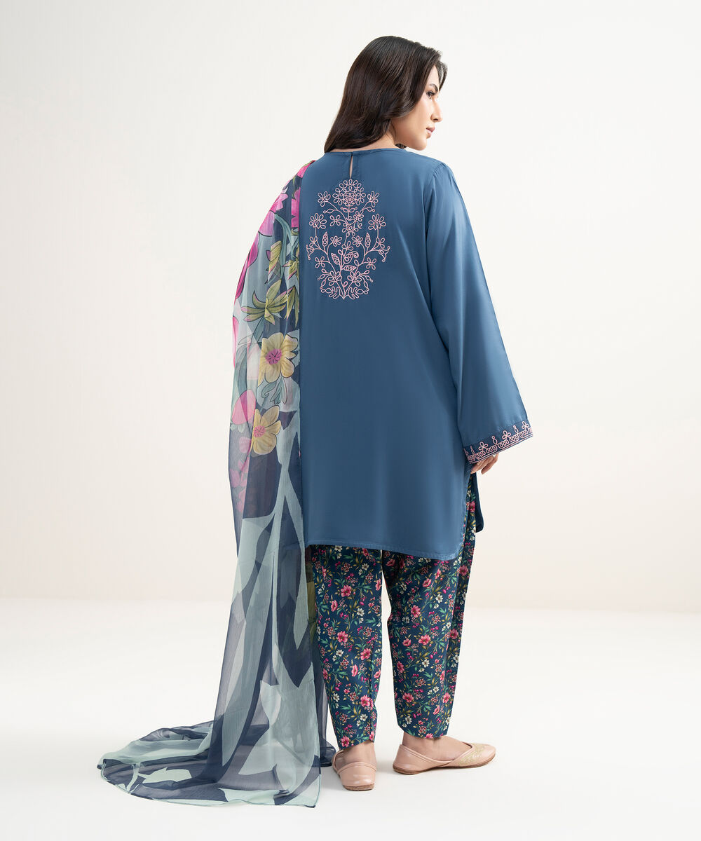 Women's RTW Dobby Embroidered Blue 3 Piece Suit