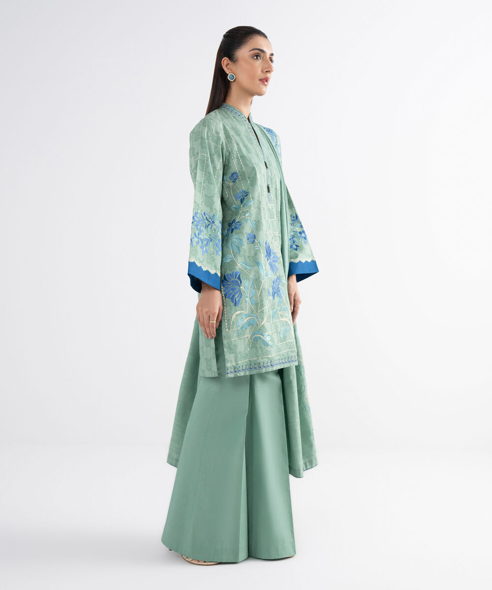 Women's Unstitched Cotton Jacquard Embroidered Green 3 Piece Suit