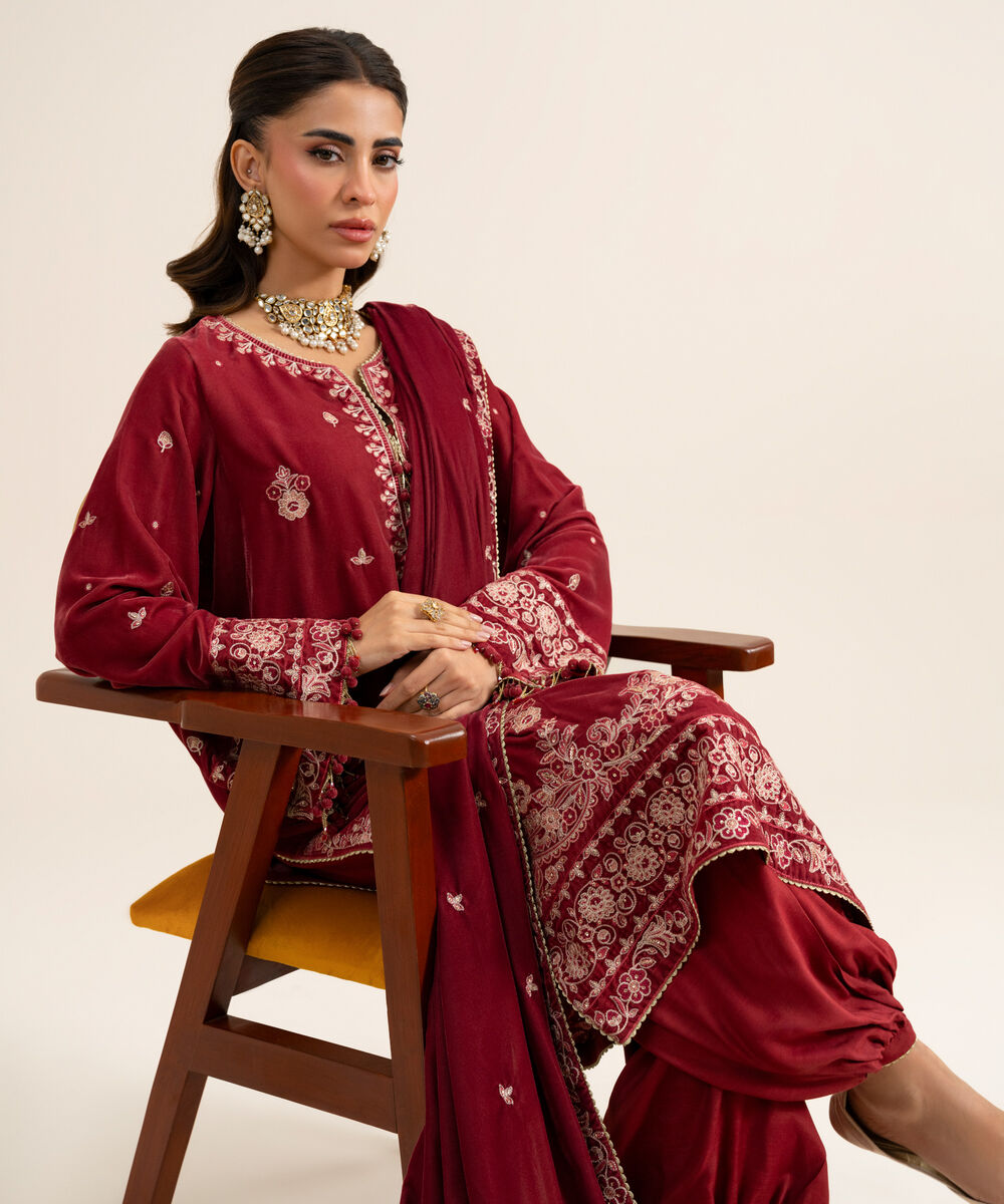 Women's Unstitched Velvet Embroidered Red 3 Piece Suit