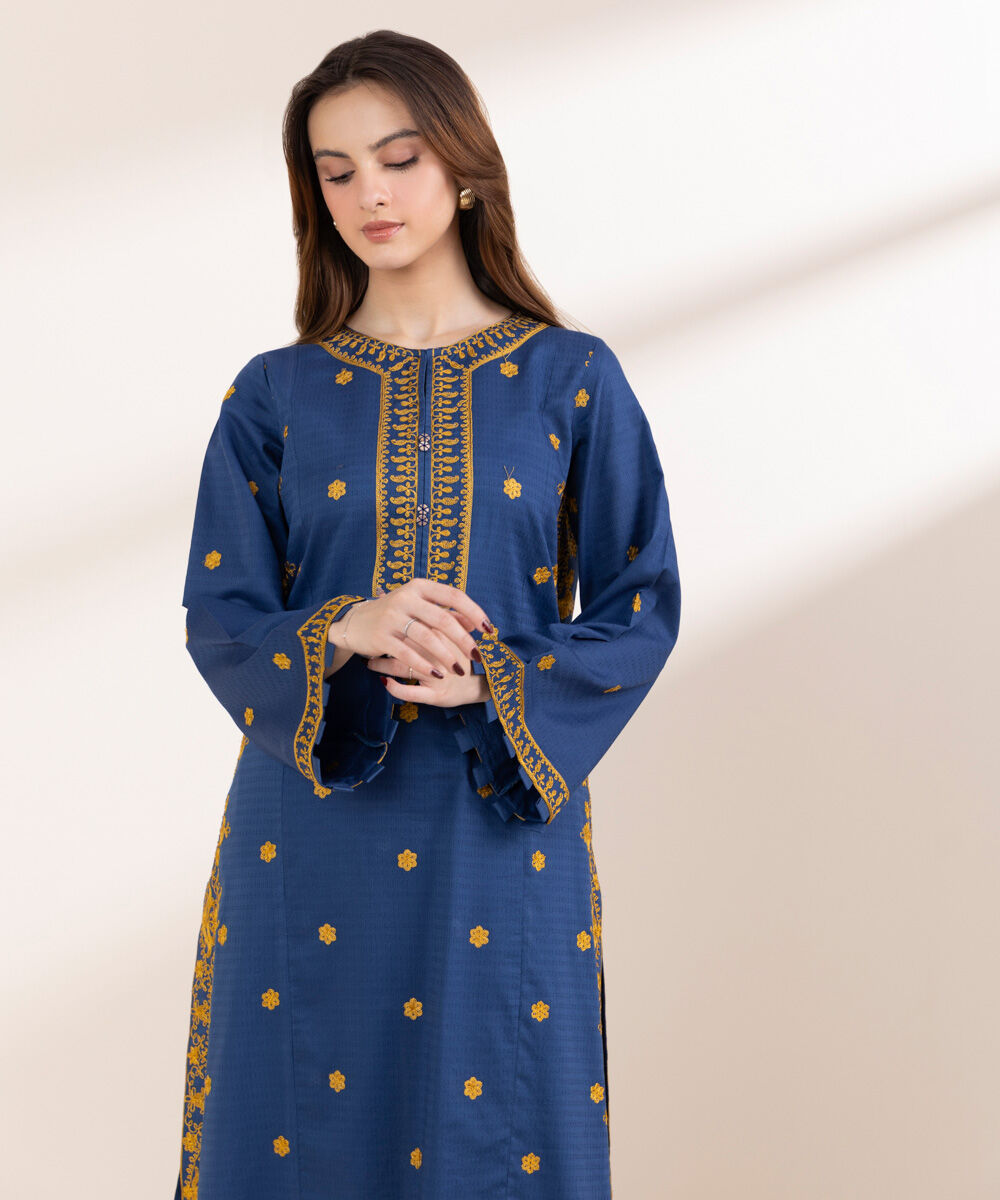 Women's Pret Dobby Blue Embroidered A-Line Shirt