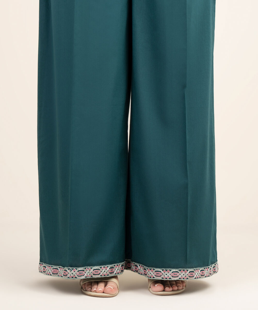 Women's RTW Cotton Viscose Embroidered Green Flared Pants