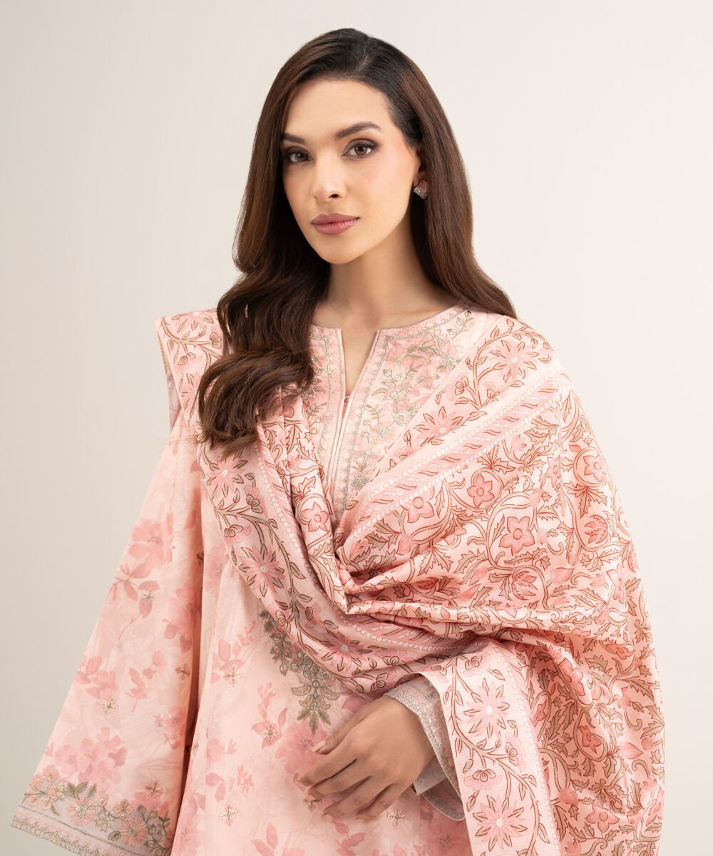 Women's Unstitched Raw Silk Embroidered Pink 3 Piece Suit