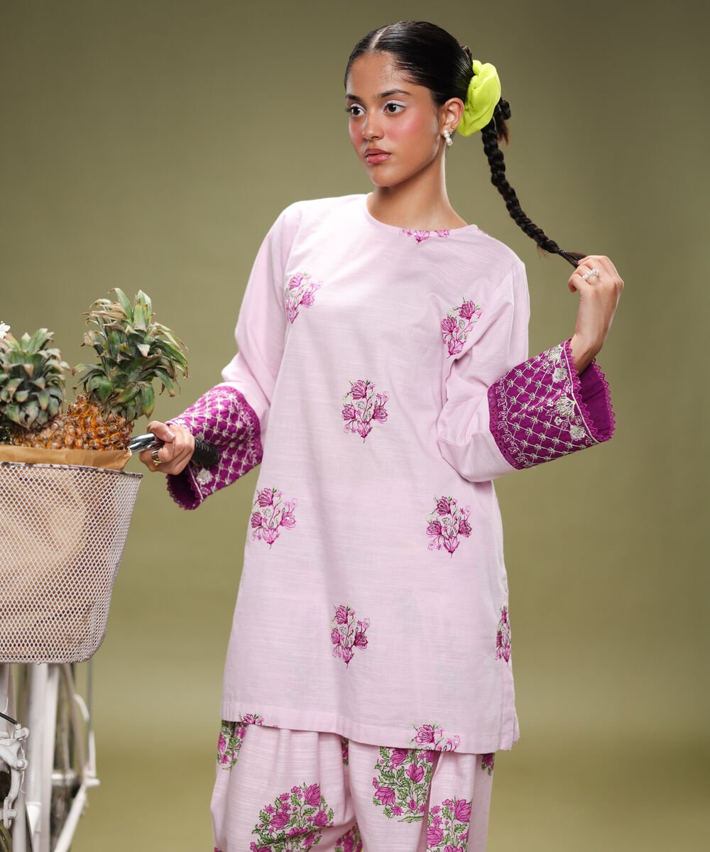 Embroidered Light Khaddar Shirt Women's RTW Light Khaddar Purple Embroidered Boxy Shirt