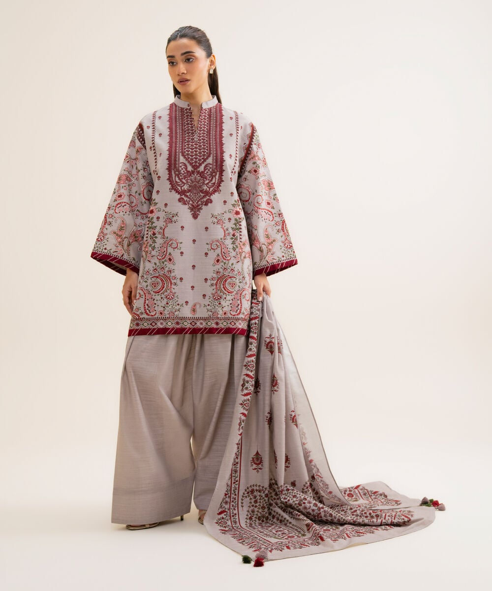 Women's Unstitched Light Khaddar Printed Light Grey 3 Piece Suit