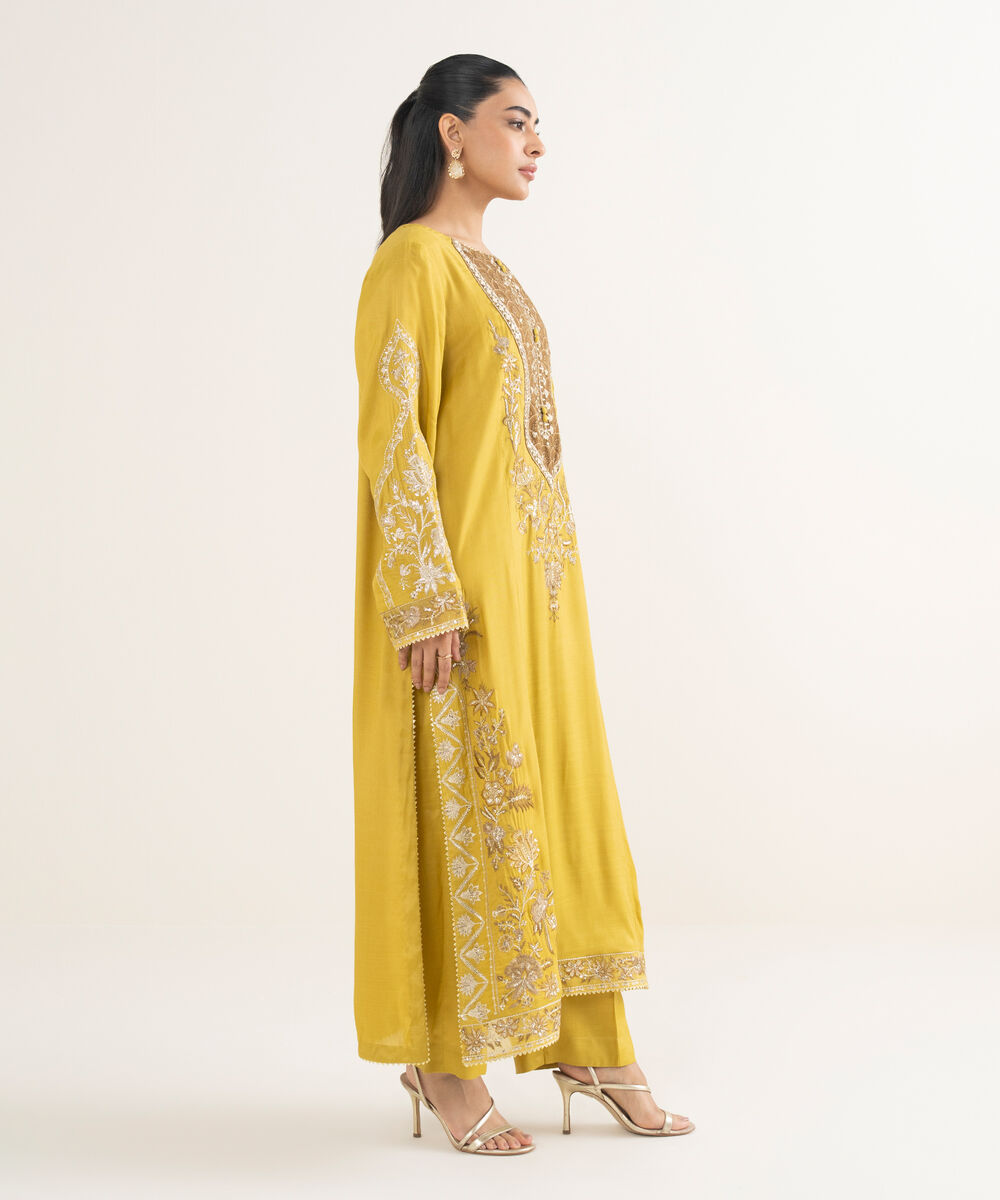 Women's RTW Viscose Raw Silk Embroidered Yellow 2 Piece Suit