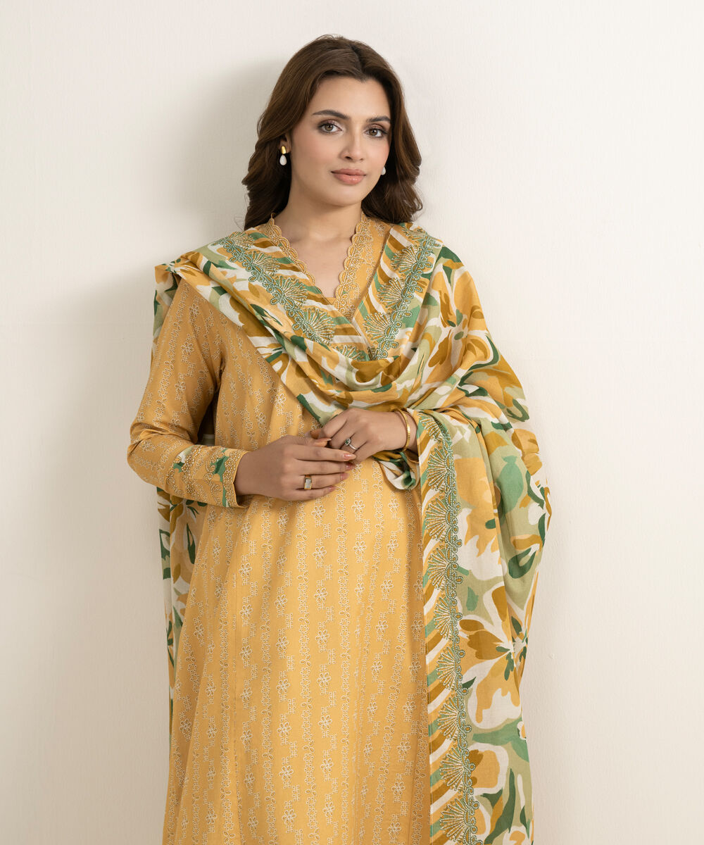 Women's Unstitched Lawn Printed Yellow 2 Piece Suit