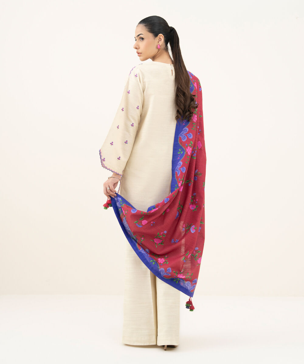 Women's Unstitched Embroidered Khaddar Off White 3 Piece Suit