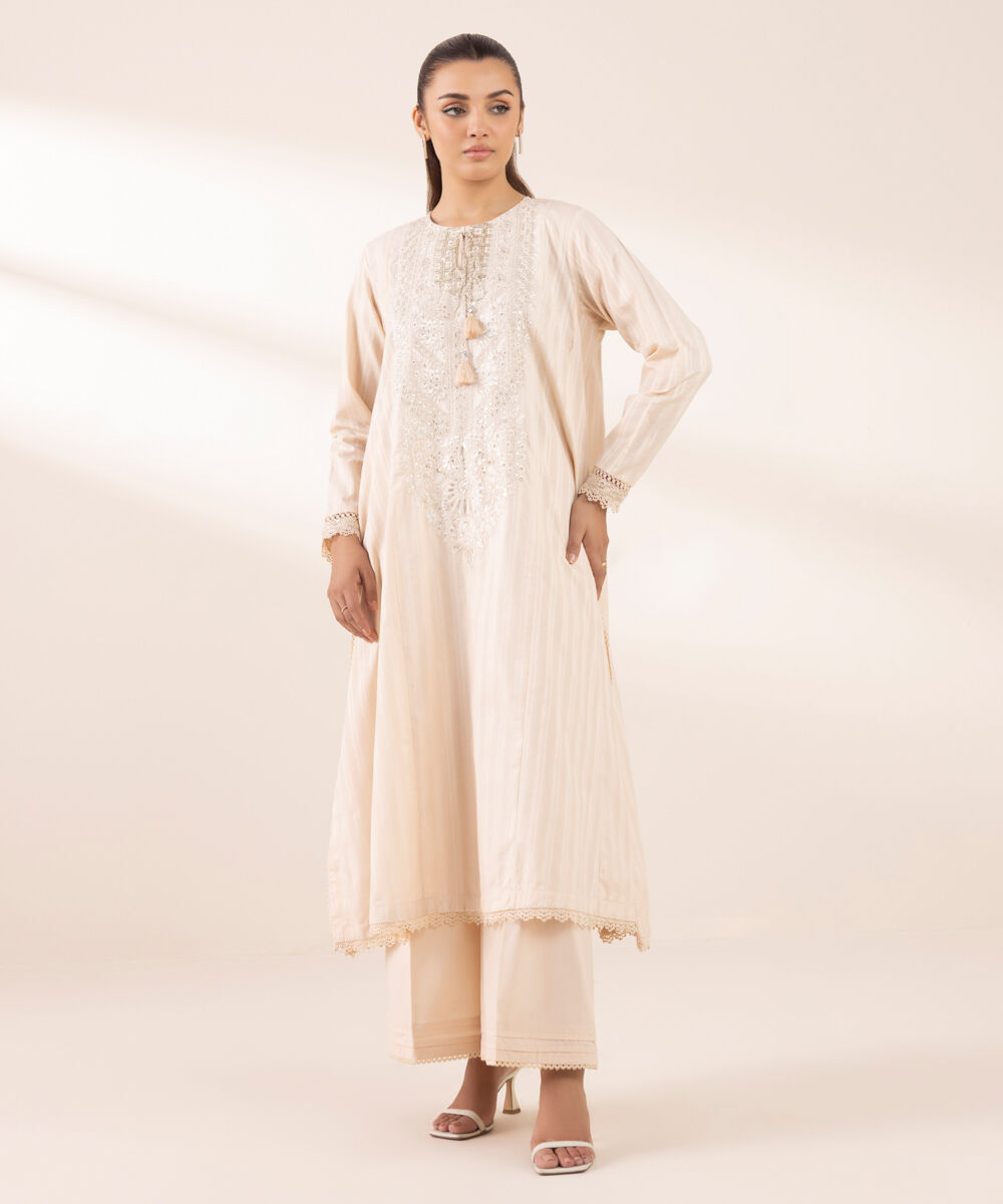 Women's RTW Dobby Pink Embroidered A-Line Shirt