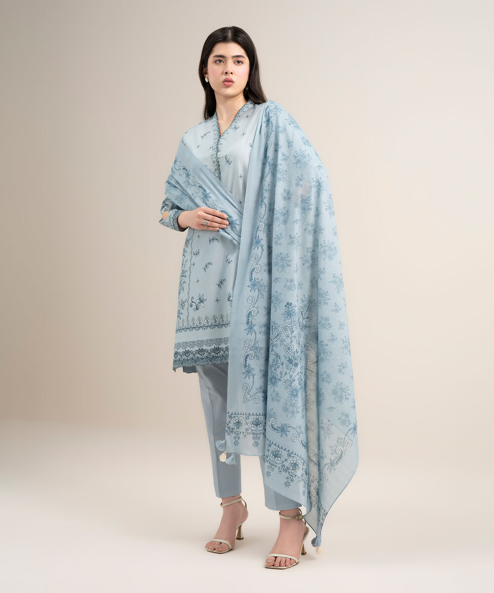 Women's Unstitched Lawn Printed Blue 3 Piece Suit