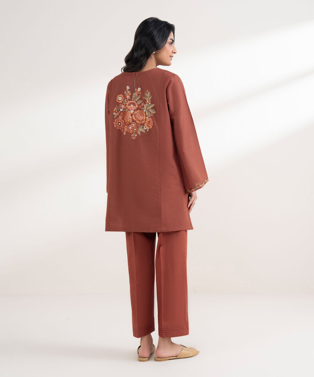 Women's RTW Light Khaddar Embroidered Rust Straight Shirt