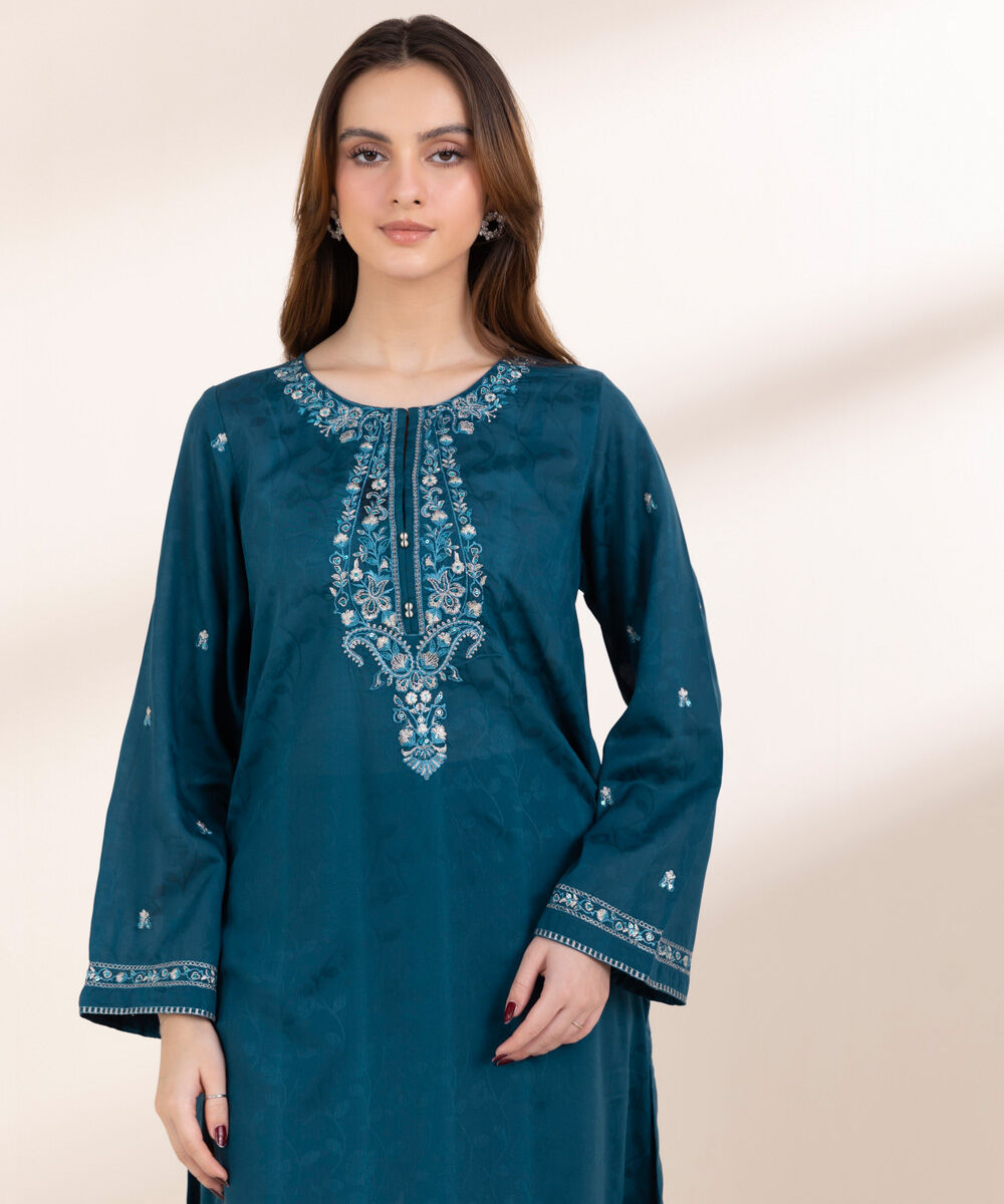 Women's Pret Cotton Jacquard Blue Embroidered A-Line Shirt