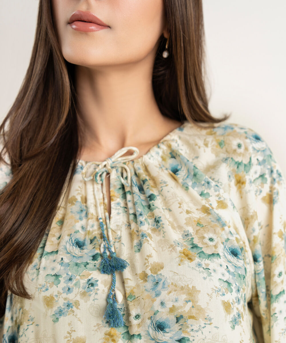 Women's RTW Arabic Lawn Beige Printed A-Line Shirt