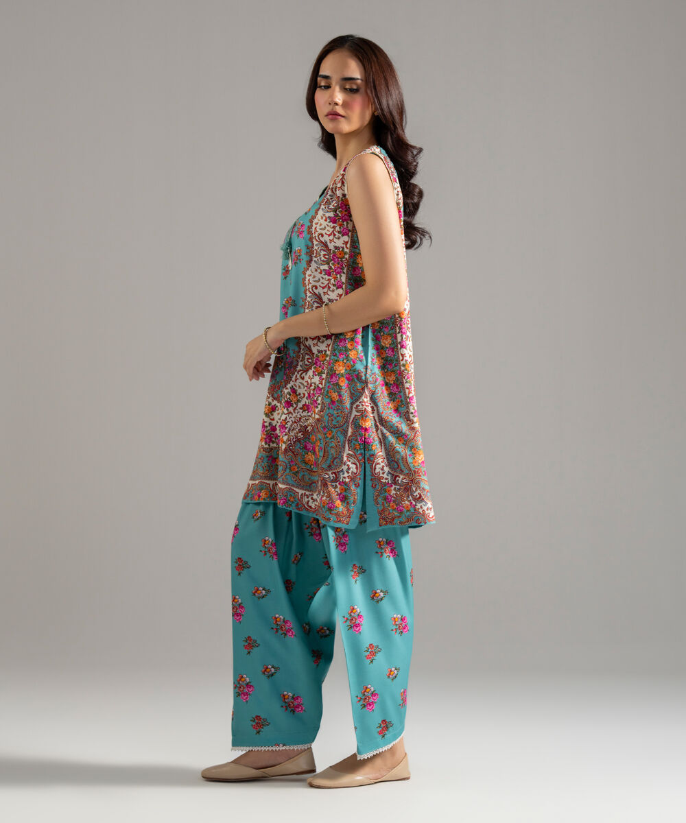 Women's RTW Arabic Lawn Printed Seaform Green Straight Shirt