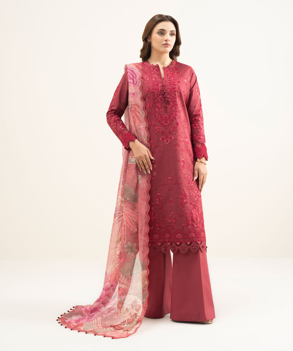 Women's Unstitched Textured Lawn Red Embroidered 3 Piece Suit