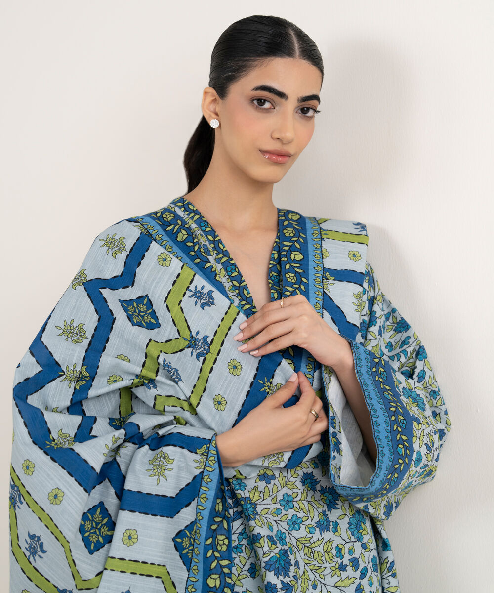 Women's Unstitched Printed Khaddar Blue 3 Piece Suit