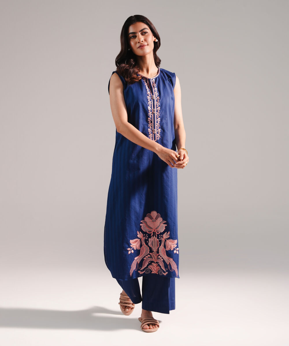 Women's RTW Dobby Embroidered Dark Blue 2 Piece Suit