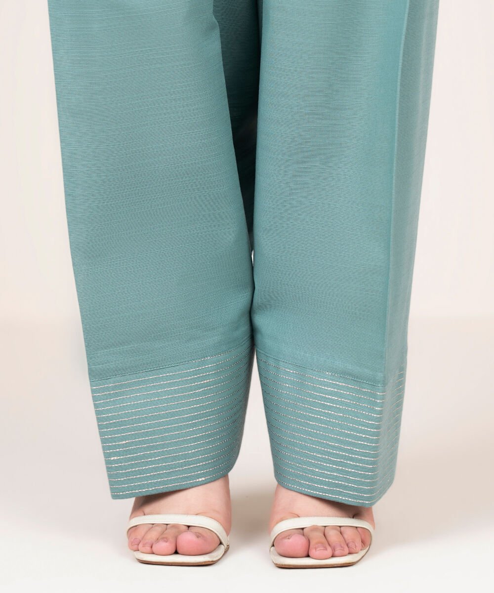 Women's RTW Cotton Embroidered Blue Farshi Shalwar