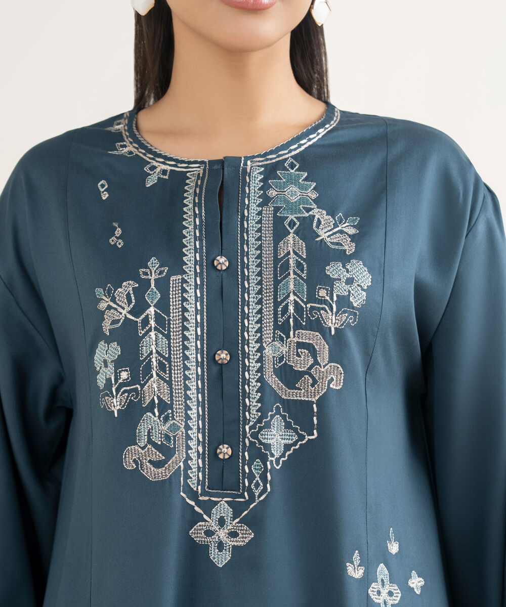 Women's RTW Viscose Marina Embroidered Teal Straight Shirt