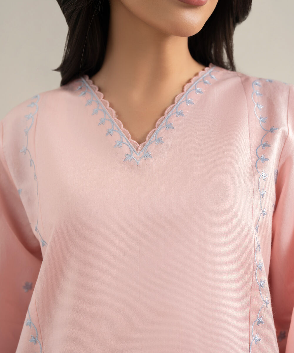 Women's RTW Silk Cotton Net Embroidered Pink 2 Piece Suit