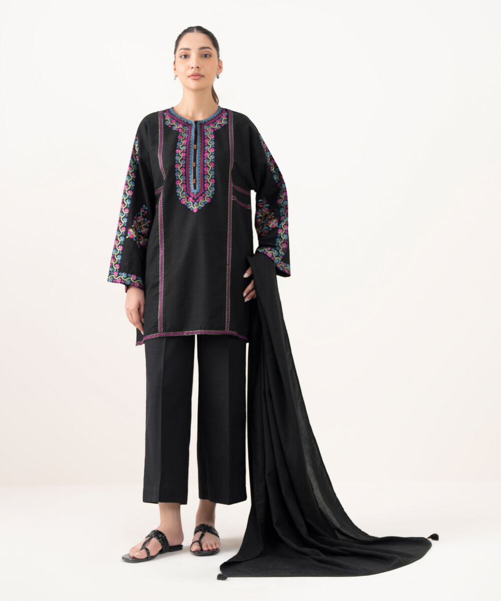 Women's RTW Cotton Embroidered Black Drop Shoulder Shirt