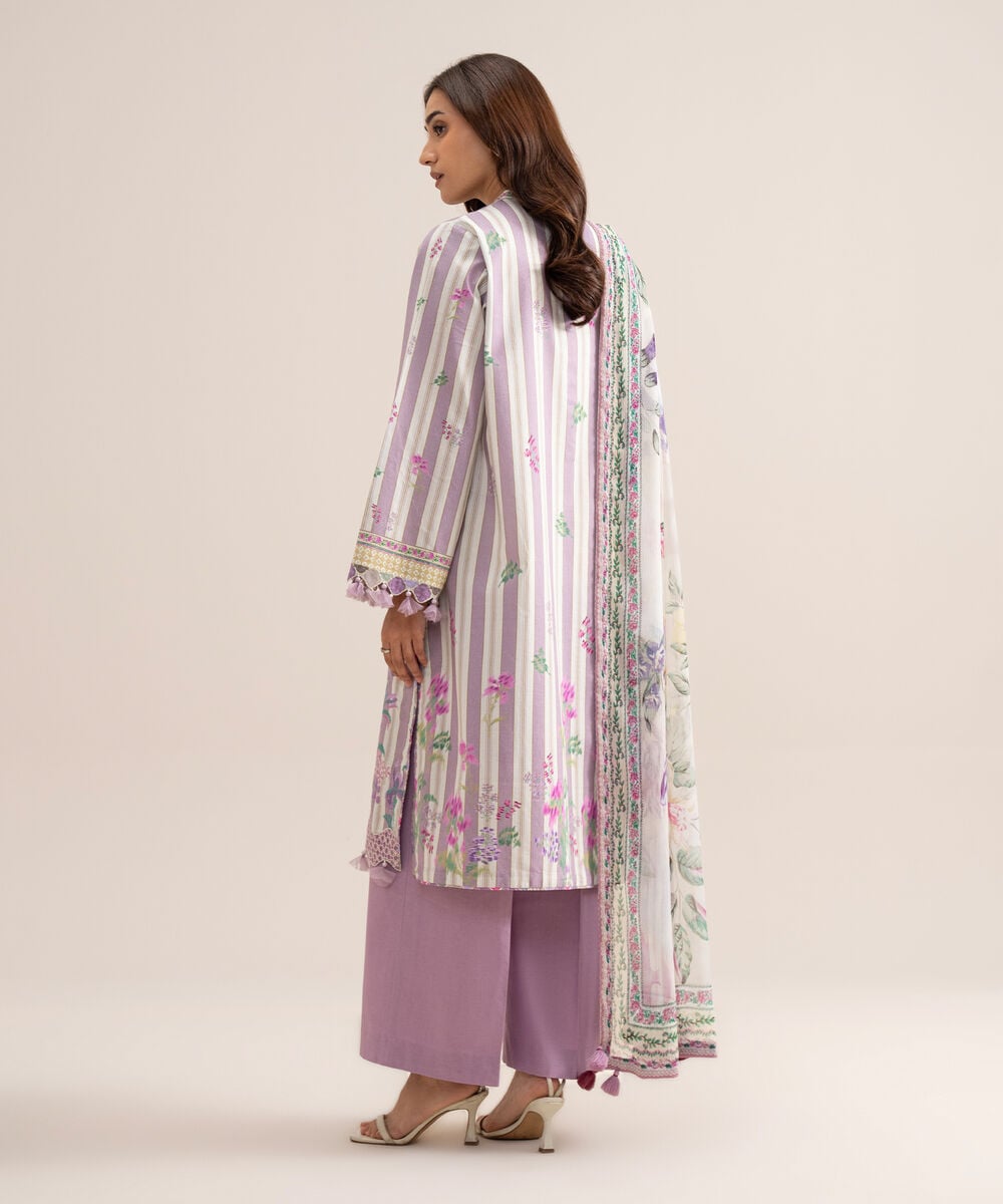 Women's Unstitched Lawn Embroidered Off White & Lilac  3 Piece Suit
