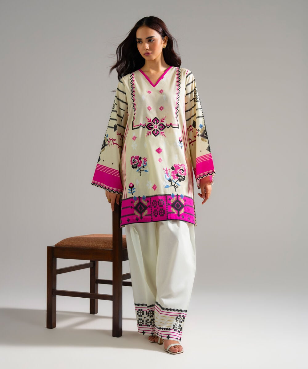 Women's RTW Lawn Embroidered Beige Straight Shirt