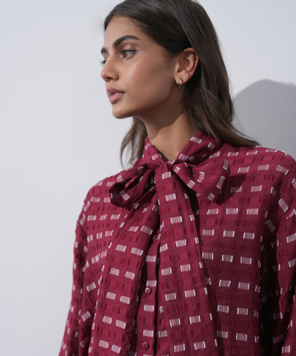 Women's Western Wear Red Textured Shirt With Knot Detail