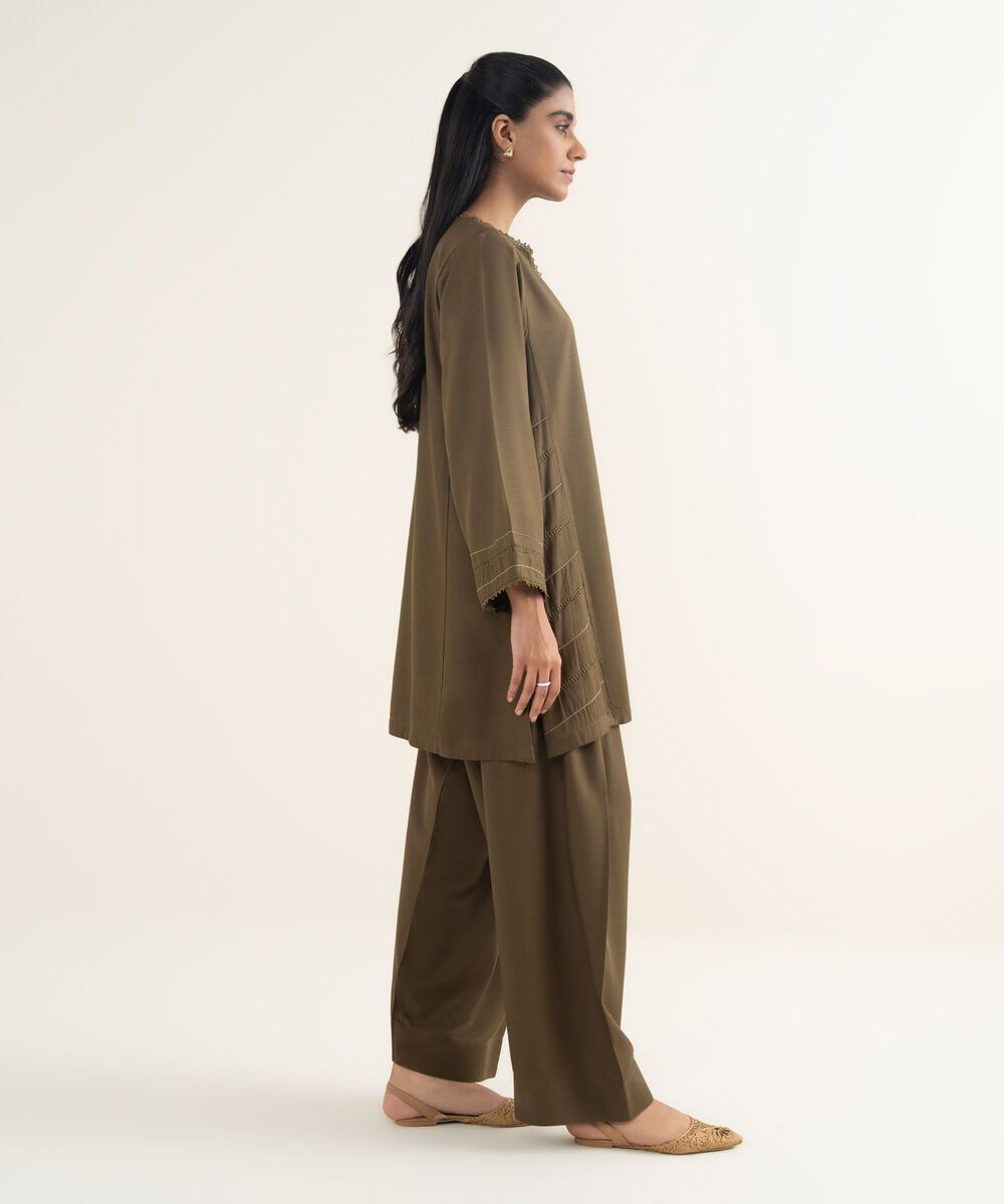 Women's RTW Khaddar Solid Green Straight Shirt