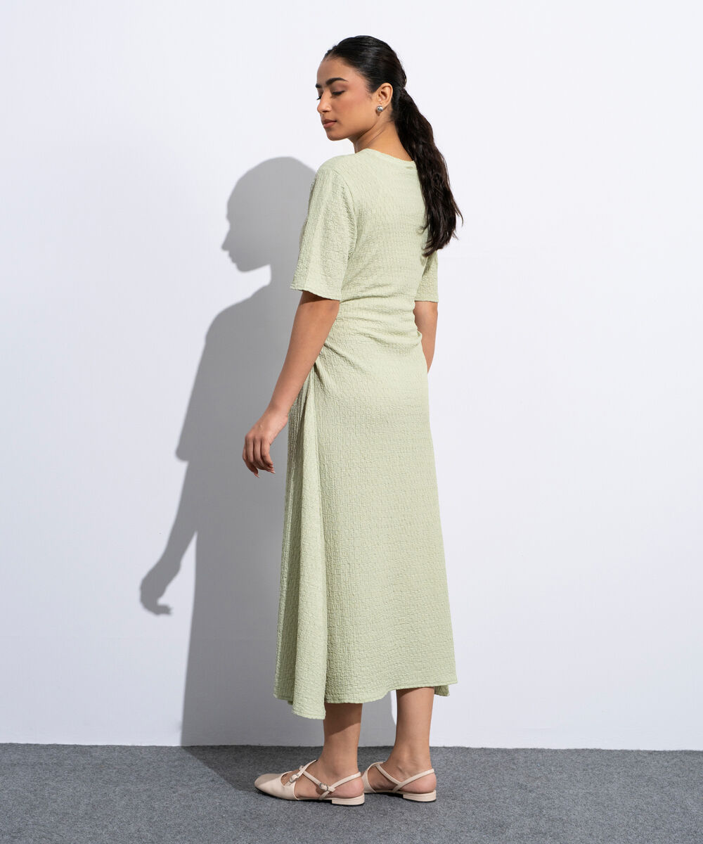Women's Light Green Cinched Waist Textured Dress