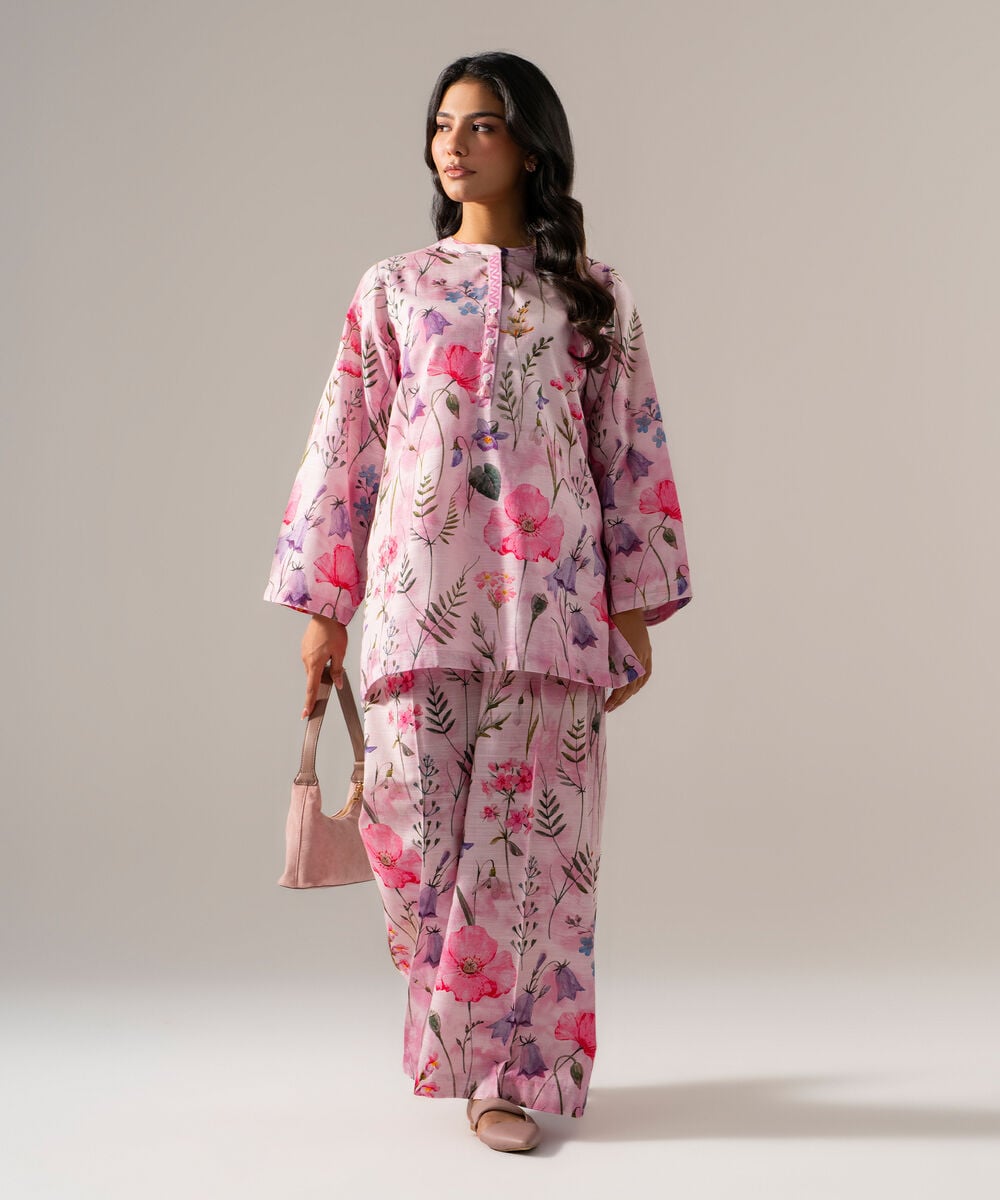 Women's RTW Khaddar Printed Pink Straight Shirt