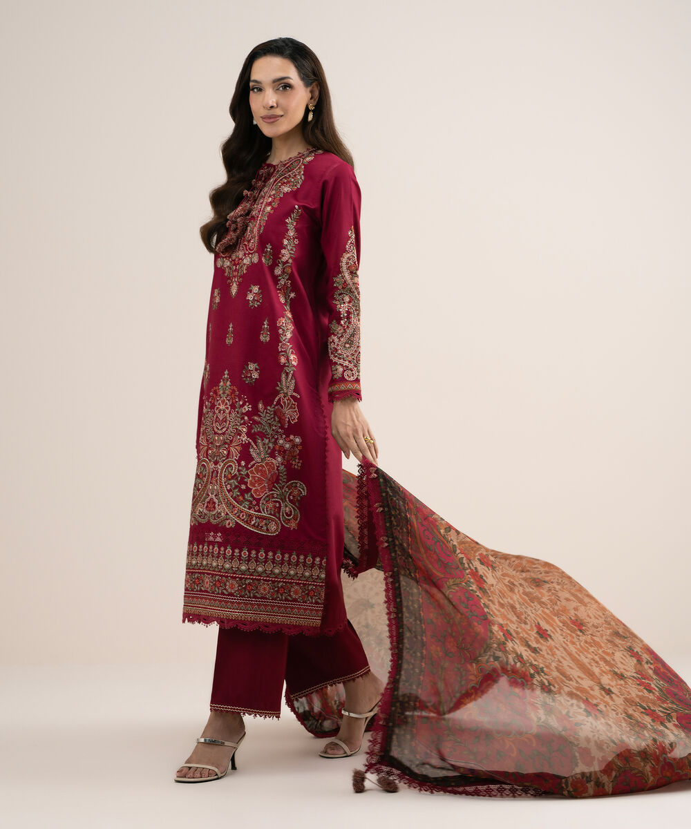 Women's Unstitched Embroidered Fine Cotton Satin Maroon 3 Piece Suit