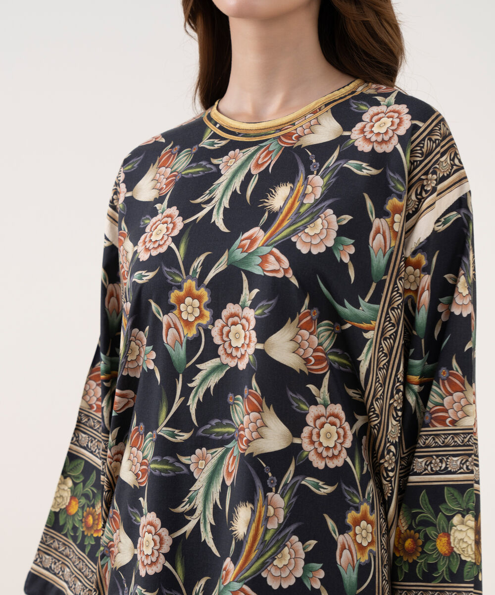 Women's RTW Cotton Viscose Printed Drop Shoulder Black Shirt