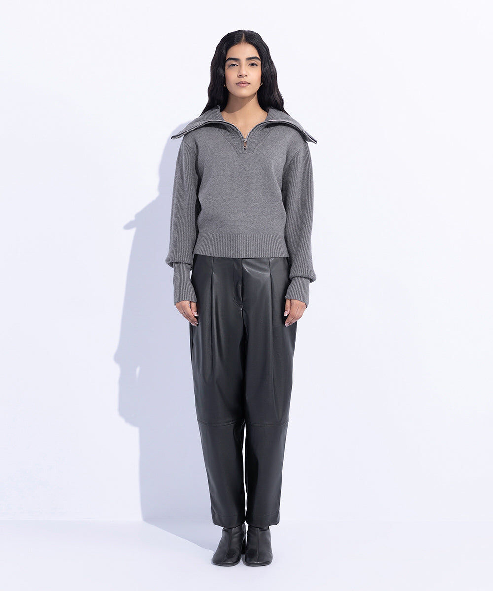 Woman - Black High Waisted Faux Leather Trousers