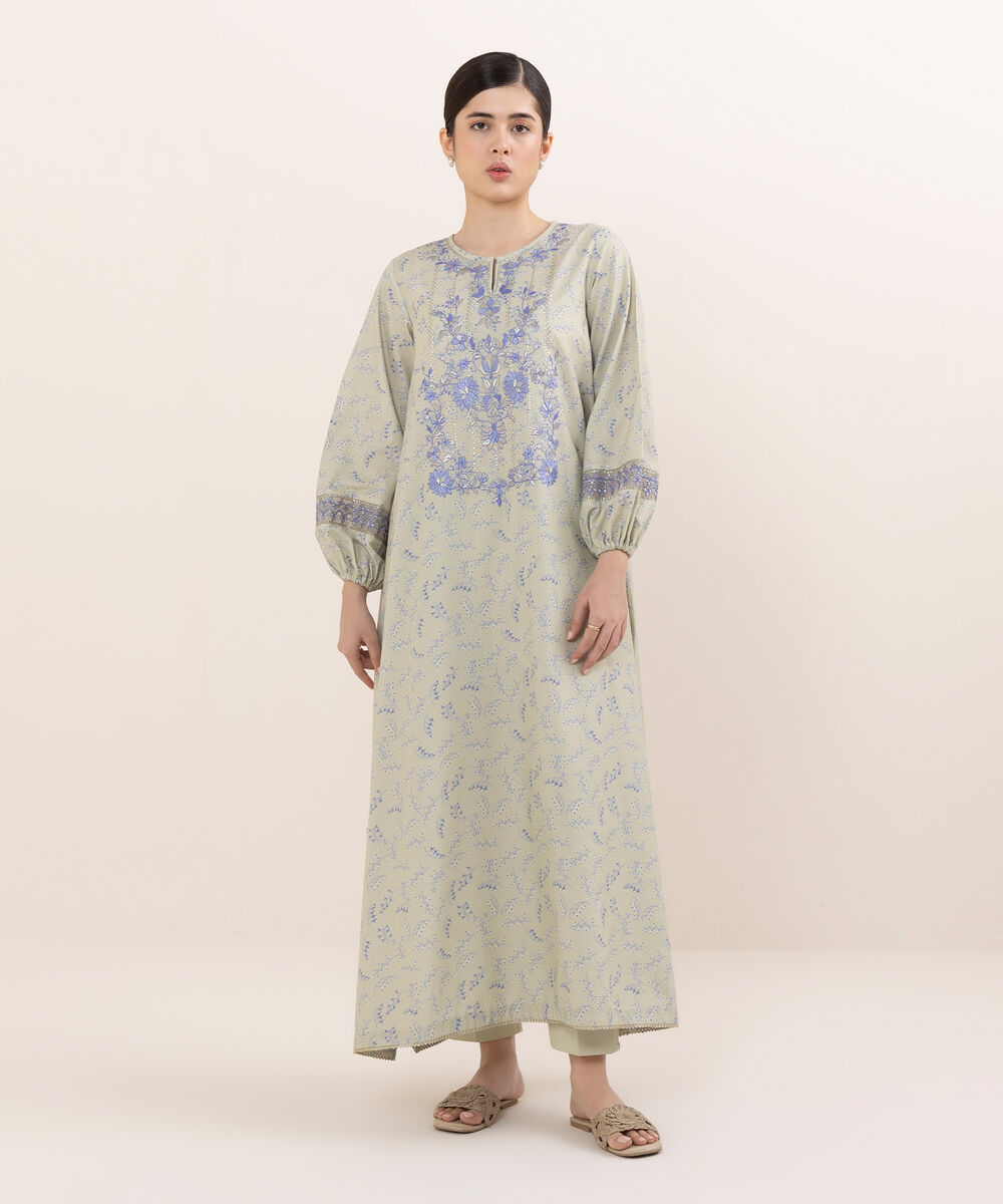 Women's Unstitched Cotton Embroidered Green Two Piece Suit