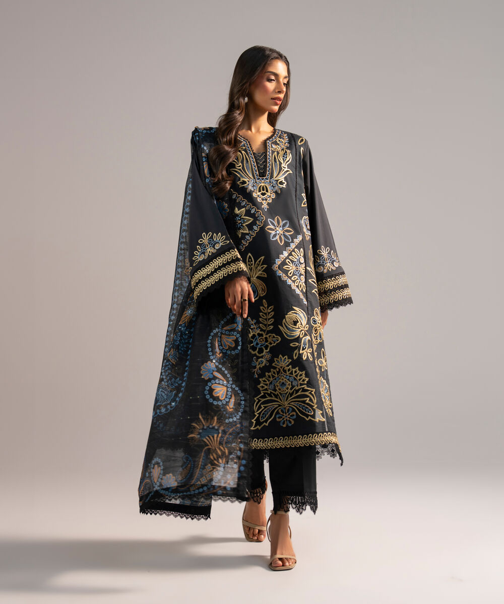 Women's RTW Lawn Embroidered Black 3 Piece Suit