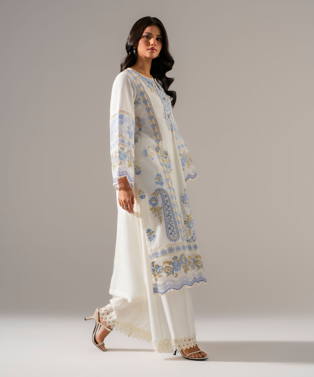 Women's RTW Dobby Solid Embroidered White 3 Piece Suit