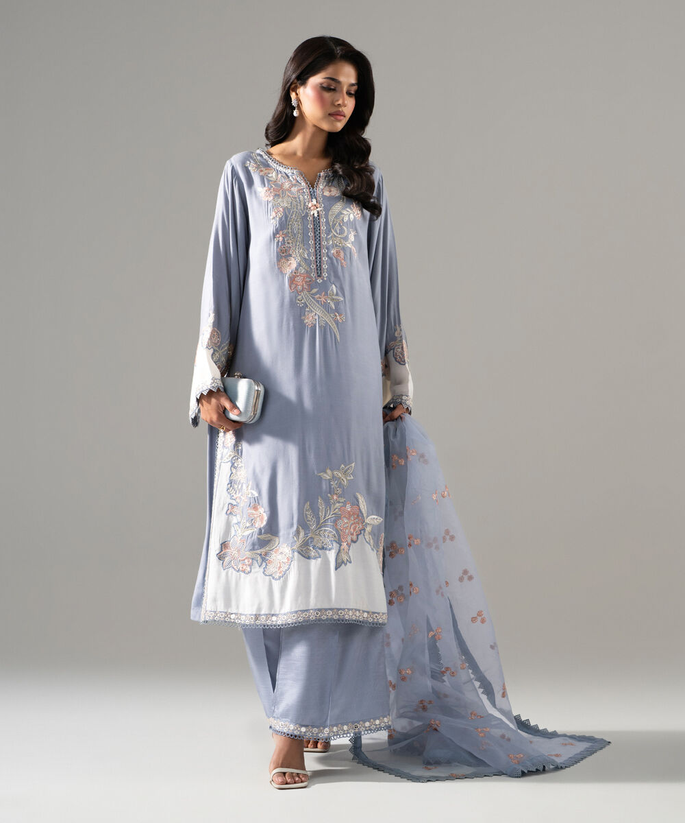 Women's RTW Raw Silk Solid Embroidered Blue 3 Piece Suit