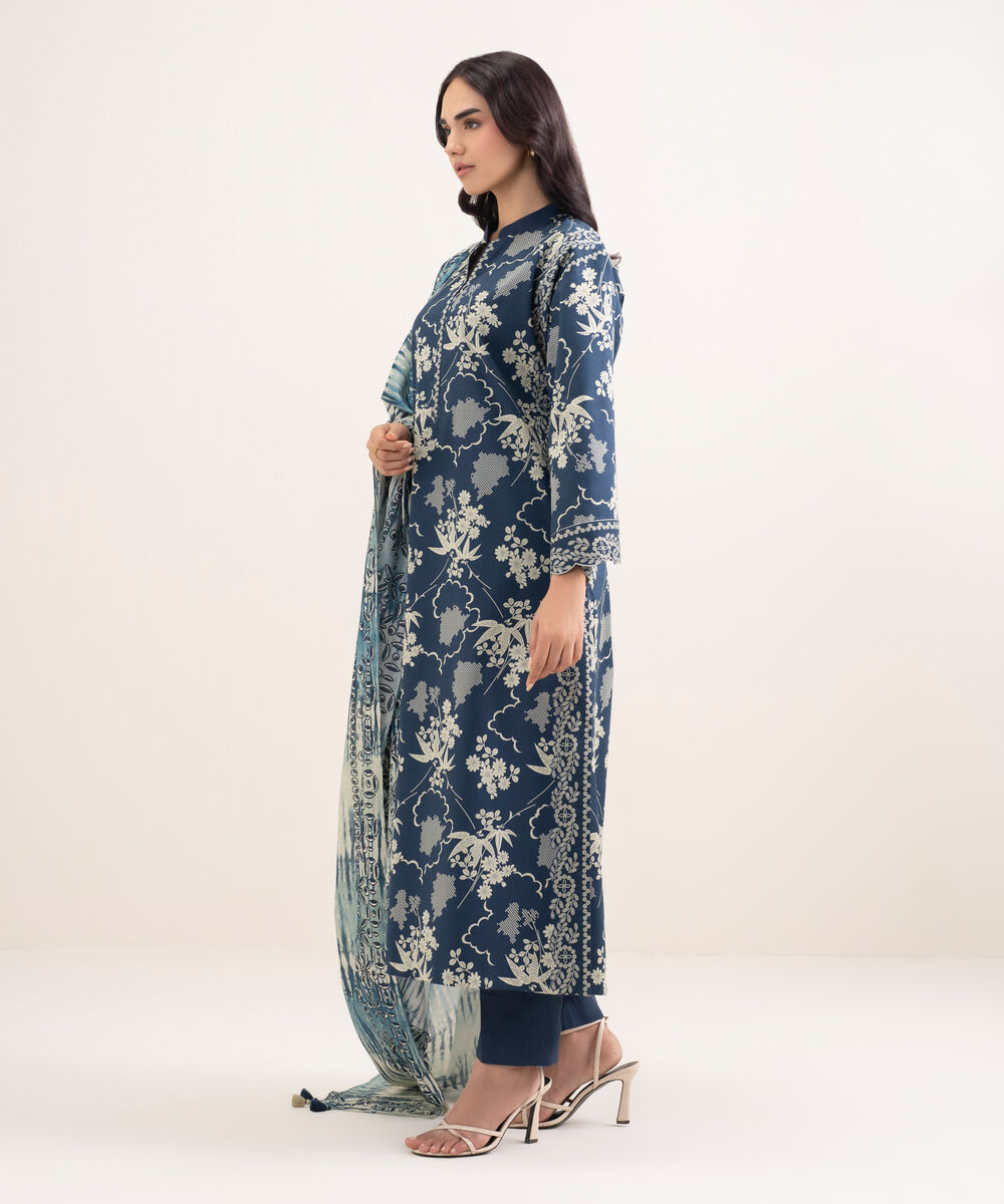 Women's Unstitched Lawn Printed Blue 3 Piece Suit