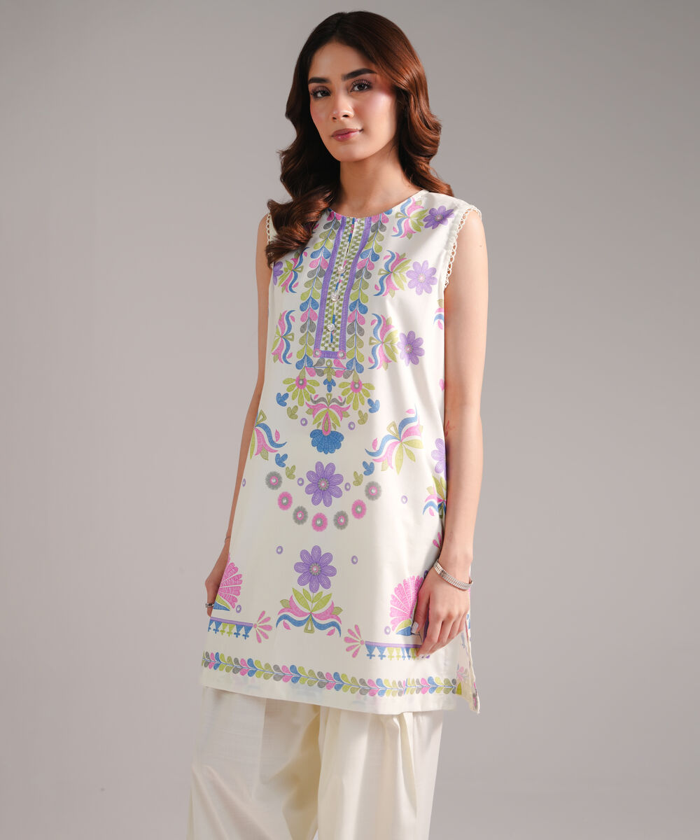 Women's RTW Cotton Viscose Printed Off White Straight Shirt