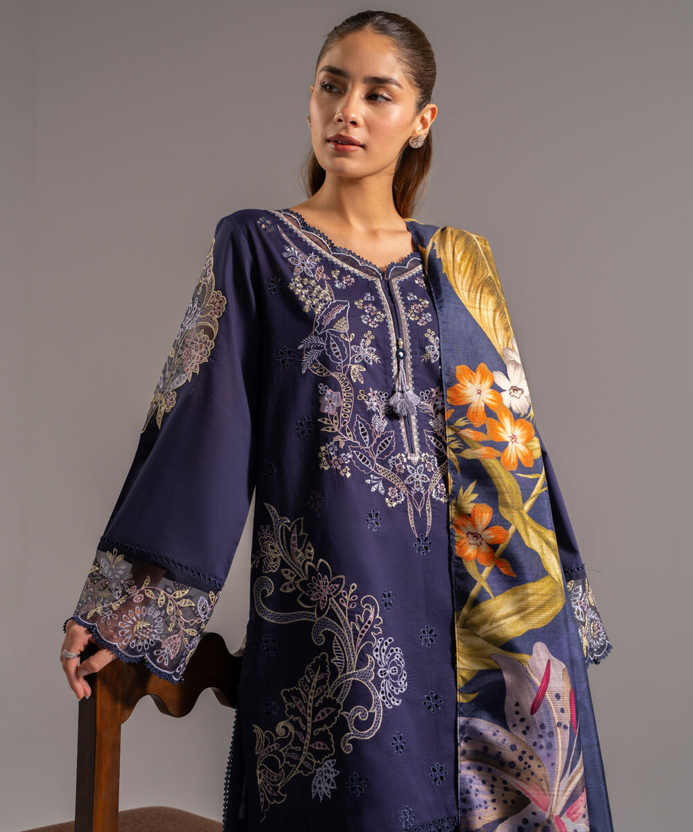 Women's RTW Slub Lawn Embroidered Dark Blue 3 Piece Suit