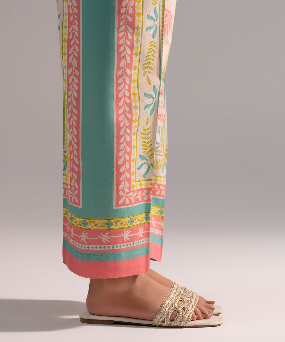 Women's RTW Cambric Printed Off White Straight Pants