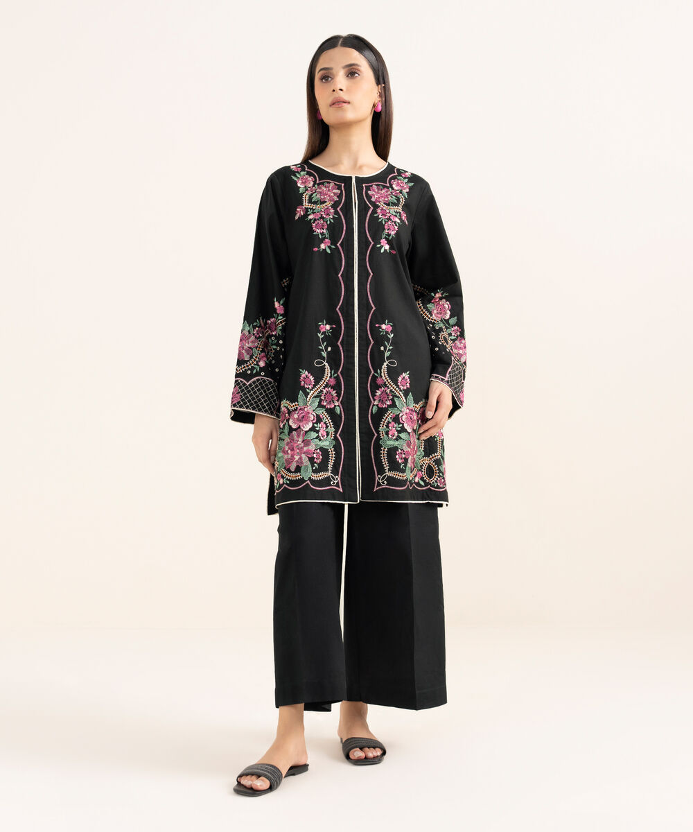 Women's RTW Textured Lawn Black Embroidered A-Line Shirt