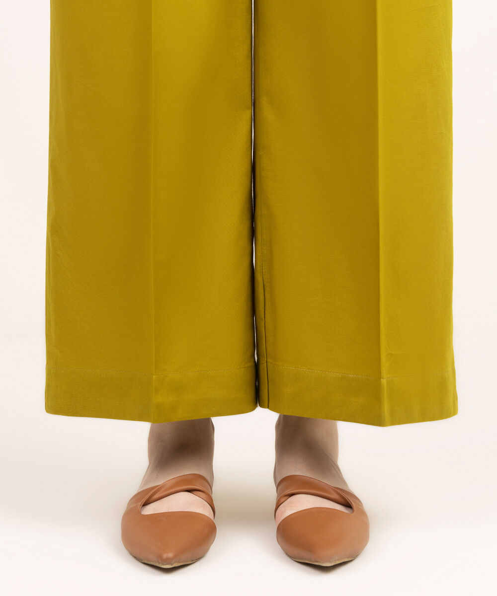 Women's RTW Cambric Solid Green Flared Pants