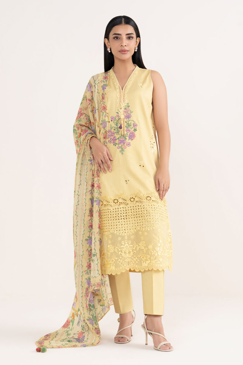 3 Piece -  Embroidered Fine Cotton Satin Suit