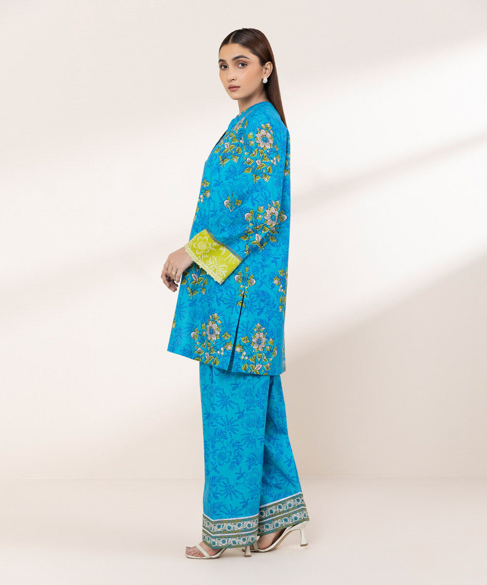 Women's RTW Textured Lawn Blue Printed A-Line Shirt